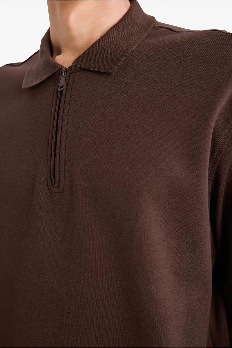 DeFacto Brown Man Regular Fit Polo Collar Sweatshirt with Half Zip Casual - Image 4